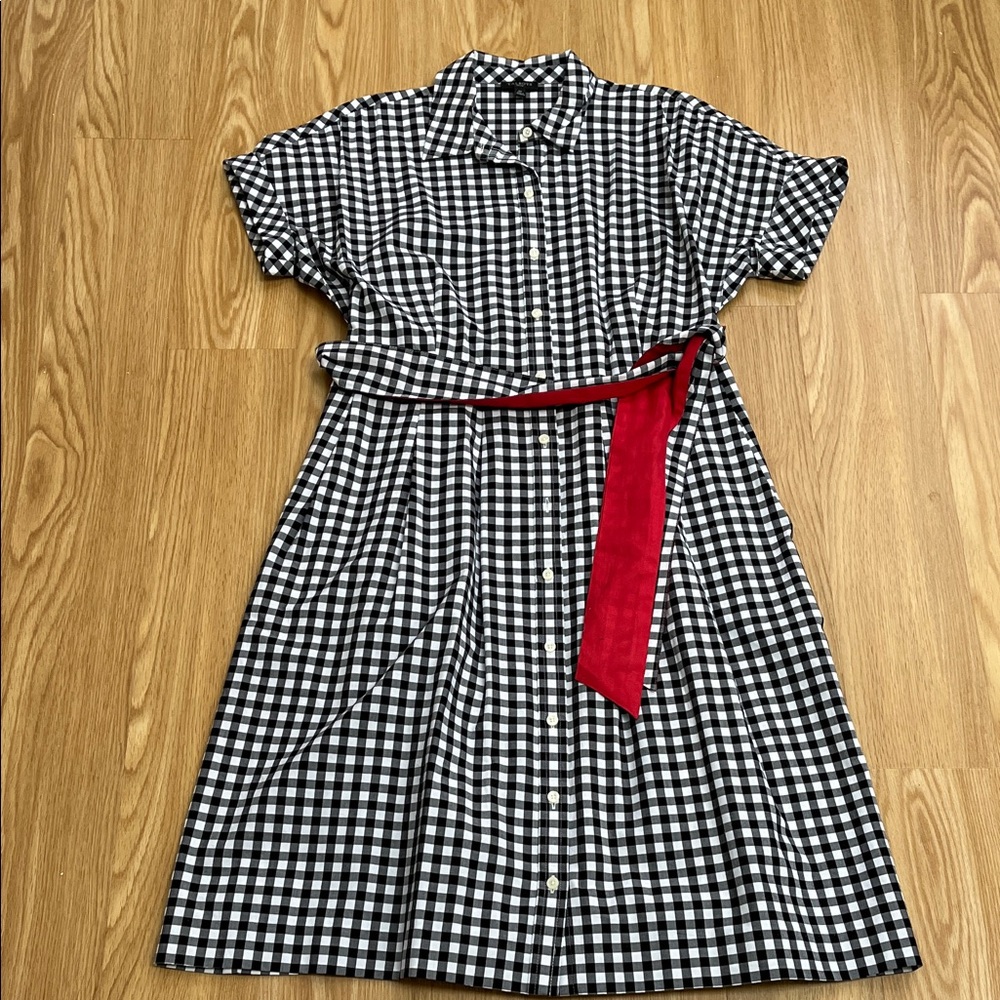 Talbots Black & White Gingham Shirt Dress with Red and Black Self-tie